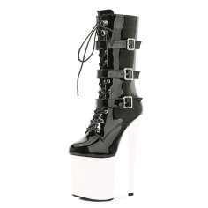 Round Toe Stiletto Heels Gothic Lace Up Three Belt Buckle Straps Platforms Ankle Highs Boots - Black White