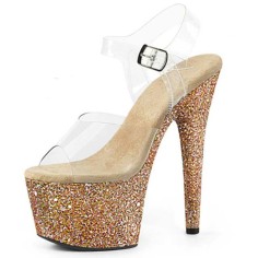 Peep Toe Glitters Stiletto Heels Transparent Ankle Buckle Straps Platforms Pumps - Gold