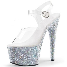 Peep Toe Glitters Stiletto Heels Transparent Ankle Buckle Straps Platforms Pumps - Silver
