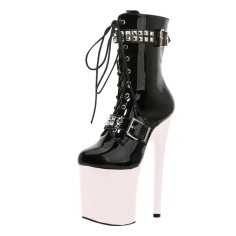 Round Toe Stiletto Heels Gothic Fetish Lace Up Rivets Belt Buckle Straps Platforms Ankle Highs Boots - Beige