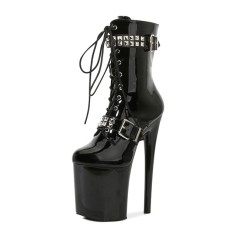 Round Toe Stiletto Heels Gothic Fetish Lace Up Rivets Belt Buckle Straps Platforms Ankle Highs Boots - Black