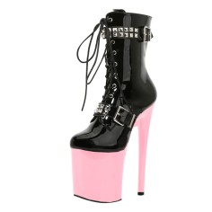 Round Toe Stiletto Heels Gothic Fetish Lace Up Rivets Belt Buckle Straps Platforms Ankle Highs Boots - Pink