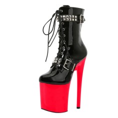 Round Toe Stiletto Heels Gothic Fetish Lace Up Rivets Belt Buckle Straps Platforms Ankle Highs Boots - Red