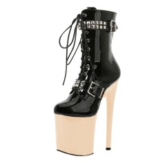 Round Toe Stiletto Heels Gothic Fetish Lace Up Rivets Belt Buckle Straps Platforms Ankle Highs Boots - Tan