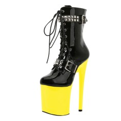 Round Toe Stiletto Heels Gothic Fetish Lace Up Rivets Belt Buckle Straps Platforms Ankle Highs Boots - Yellow
