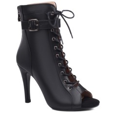 Peep Toe Stiletto Heels Ankle Buckle Straps Lace Up Summer Jazz Night Booties with Back Zipper - Black