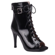 Peep Toe Stiletto Heels Ankle Buckle Straps Lace Up Summer Jazz Night Booties with Back Zipper - Patent