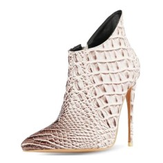 Pointed Toe Stiletto Heels Crocodile Texture Vintage Style Ankle Highs Side Zipper Booties - Beige