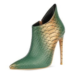 Pointed Toe Stiletto Heels Crocodile Texture Vintage Style Ankle Highs Side Zipper Booties - Green Yellow