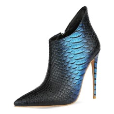 Pointed Toe Stiletto Heels Crocodile Texture Vintage Style Ankle Highs Side Zipper Booties - Black Blue
