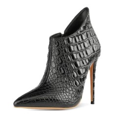Pointed Toe Stiletto Heels Crocodile Texture Vintage Style Ankle Highs Side Zipper Booties - Black