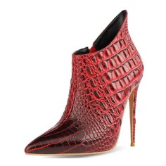 Pointed Toe Stiletto Heels Crocodile Texture Vintage Style Ankle Highs Side Zipper Booties - Red