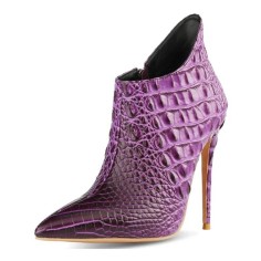 Pointed Toe Stiletto Heels Crocodile Texture Vintage Style Ankle Highs Side Zipper Booties - Purple