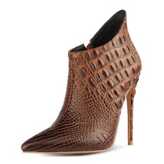 Pointed Toe Stiletto Heels Crocodile Texture Vintage Style Ankle Highs Side Zipper Booties - Brown