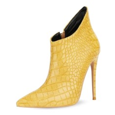 Pointed Toe Stiletto Heels Crocodile Texture Vintage Style Ankle Highs Side Zipper Booties - Yellow