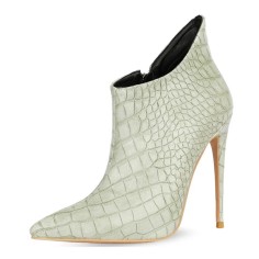 Pointed Toe Stiletto Heels Crocodile Texture Vintage Style Ankle Highs Side Zipper Booties - Sea Green
