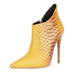 Pointed Toe Stiletto Heels Crocodile Texture Vintage Style Ankle Highs Side Zipper Booties - Orange Yellow