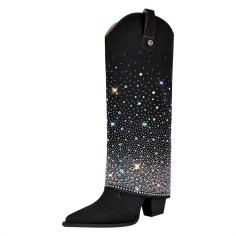 Pointed Toe Knee High Fold Down Pull On Chunky High Heels Rhinestones Boots - Black