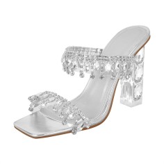 Square Open Toe Chunky Heels Transparent Rhinestones Sandals - Silver