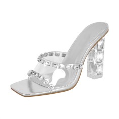 Square Open Toe Chunky Heels Transparent Rhinestones Sandals - Silver