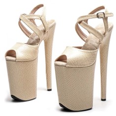 Peep Toe Stiletto Heels Snake Print Ankle Cross Straps Platforms Sandals  - Beige Faux Leather