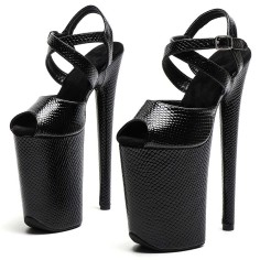 Peep Toe Stiletto Heels Snake Print Ankle Cross Straps Platforms Sandals  - Black Faux Leather