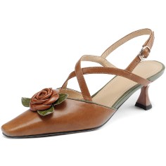 Pointed Toe Flowers Decorated Slingbacks Kitten Heels Sandals - Auburn