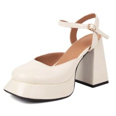 Round Toe Chunky Heels Ankle Buckle Straps Low Platforms Sandals - White Patent