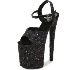 Peep Toe Stiletto Heels Sequined Ankle Buckle Straps Platforms Pumps - Black