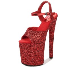 Peep Toe Stiletto Heels Sequined Ankle Buckle Straps Platforms Pumps - Red