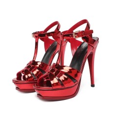 Peep Toe Fish Mouth Stiletto Heels Platforms Ankle Buckle T Straps Summer Elegant Sandals - Metallic Red Patent