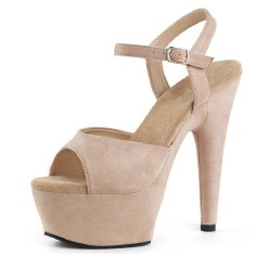 Peep Toe Stiletto Heels Suede Ankle Buckle Straps Platforms Pumps - Tan