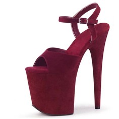 Peep Toe Stiletto Heels Flock Suede Ankle Buckle Straps Platforms Pumps - Burgundy