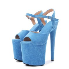 Peep Toe Stiletto Heels Flock Suede Ankle Buckle Straps Platforms Pumps - Light Blue