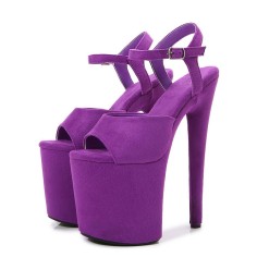 Peep Toe Stiletto Heels Flock Suede Ankle Buckle Straps Platforms Pumps - Purple
