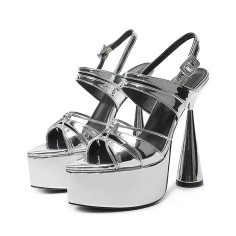 Pointed Open Toe Ankle Buckle Straps Strange Heels Platforms Sandals - Silver