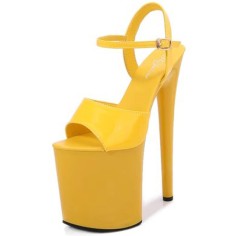 Peep Toe Stiletto Heels Patent Ankle Buckle Straps Platforms Pumps - Yellow