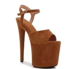 Peep Toe Stiletto Heels Ankle Buckle Straps Platforms Sandals - Brown Flock