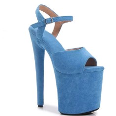 Peep Toe Stiletto Heels Ankle Buckle Straps Platforms Sandals - SkyBlue Flock