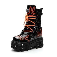 Round Toe Platforms Ankle Highs Punk Gothic Lace Up Side Zipper Belt Buckle Straps Boots - Orange