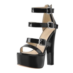 Peep Toe Block Heels Ankle Buckle Straps Back Zipper Platforms Sandals - Black