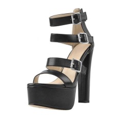 Peep Toe Block Heels Ankle Buckle Straps Back Zipper Platforms Sandals - Black