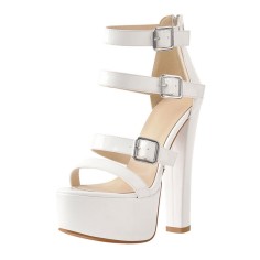 Peep Toe Block Heels Ankle Buckle Straps Back Zipper Platforms Sandals - White