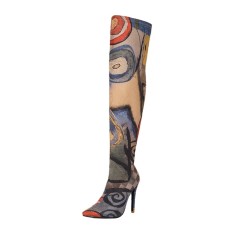 Pointed Toe Stiletto Heels Art Graffiti Over The Knee Thigh Highs Boots - Blue
