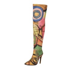 Pointed Toe Stiletto Heels Art Graffiti Over The Knee Thigh Highs Boots - Green