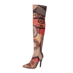Pointed Toe Stiletto Heels Art Graffiti Over The Knee Thigh Highs Boots - Red