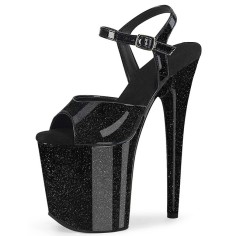 Peep Toe Stiletto Heels Pearlescent Crystal Glitter Patent Ankle Buckle Straps Platforms Pumps - Black