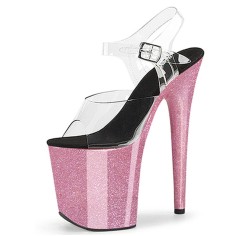Peep Toe Stiletto Heels Crystal Glitter Transparent Ankle Buckle Straps Platforms Pumps - Pink Black 