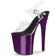 Peep Toe Stiletto Heels Crystal Glitter Transparent Ankle Buckle Straps Platforms Pumps - Purple Black 