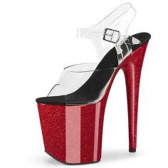 Peep Toe Stiletto Heels Crystal Glitter Transparent Ankle Buckle Straps Platforms Pumps - Red Black 